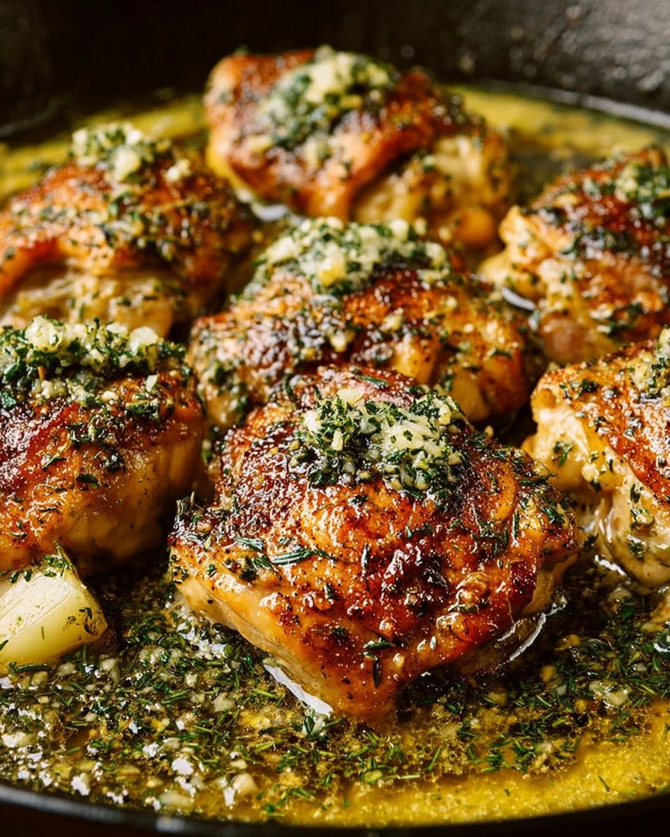 Delicious Garlic Butter Chicken Thighs served on a plate with herbs
