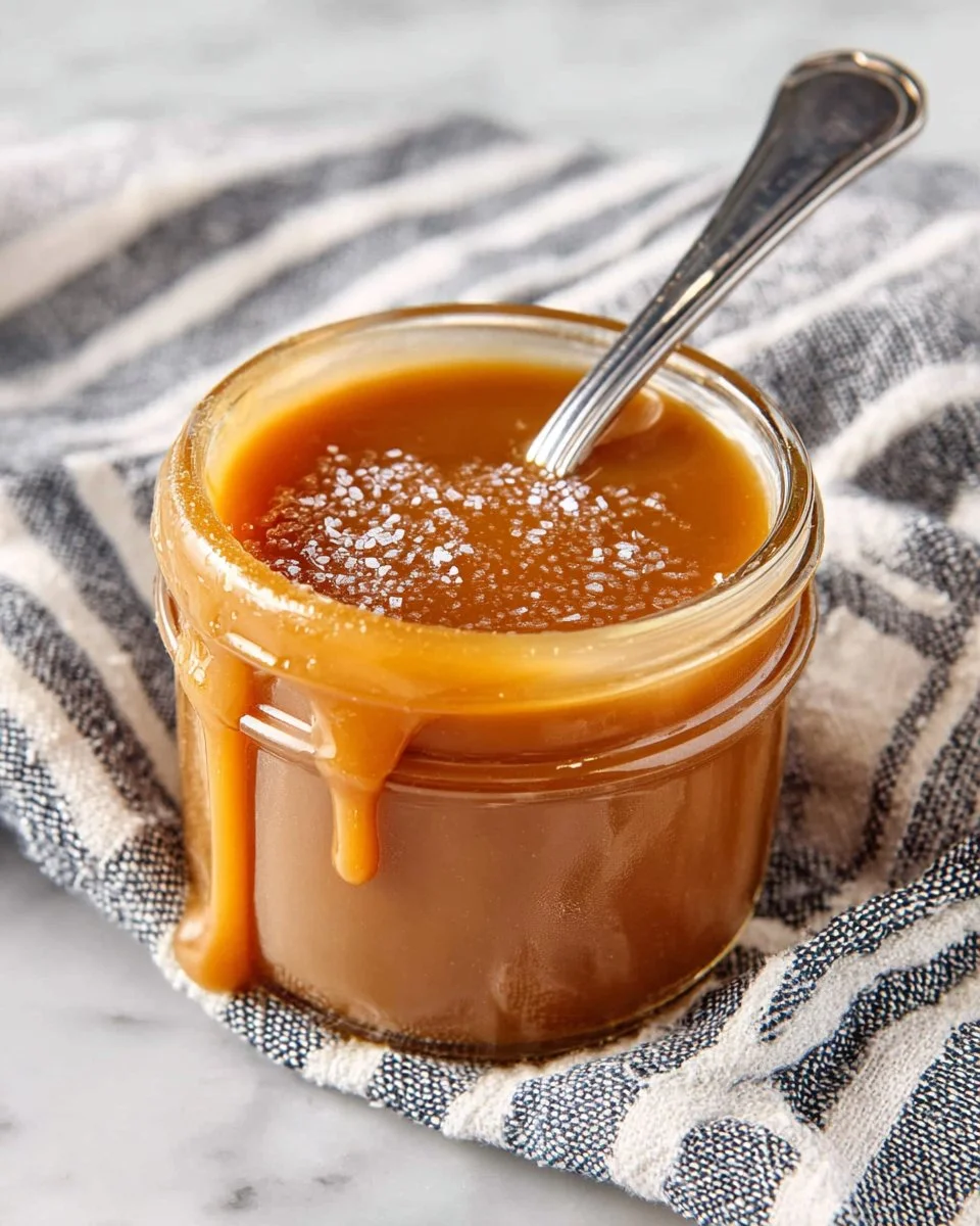 Homemade butterscotch sauce in a glass jar with a drizzle on a dessert.