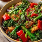 Dish of cashew chicken stir-fry with colorful vegetables in a bowl.