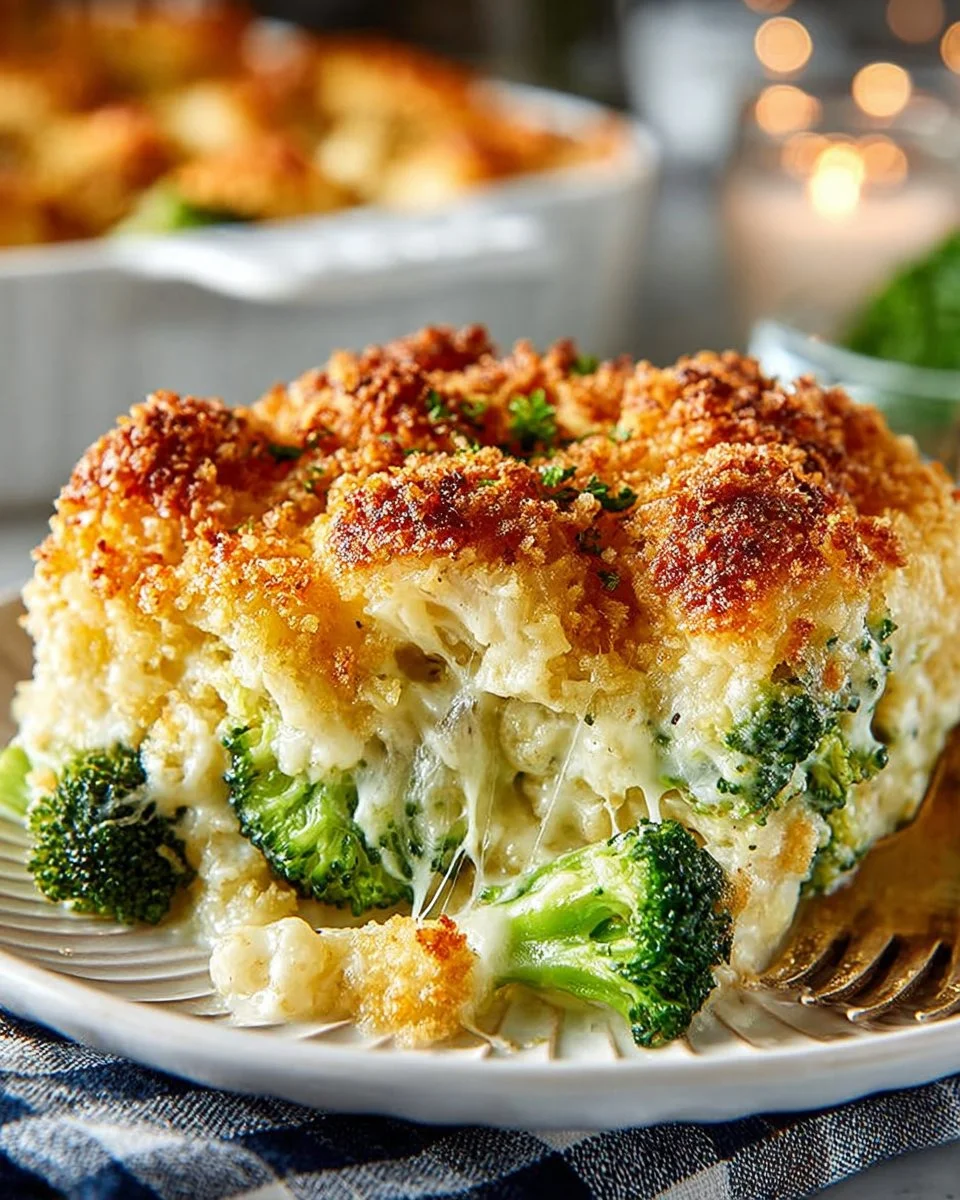 Cheddar Broccoli Rice Bake topped with melted cheese and fresh broccoli