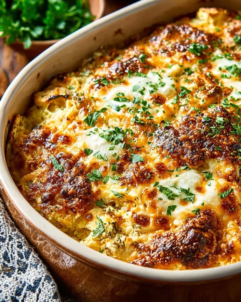 Cheesy chicken rice casserole topped with melted cheese and herbs.