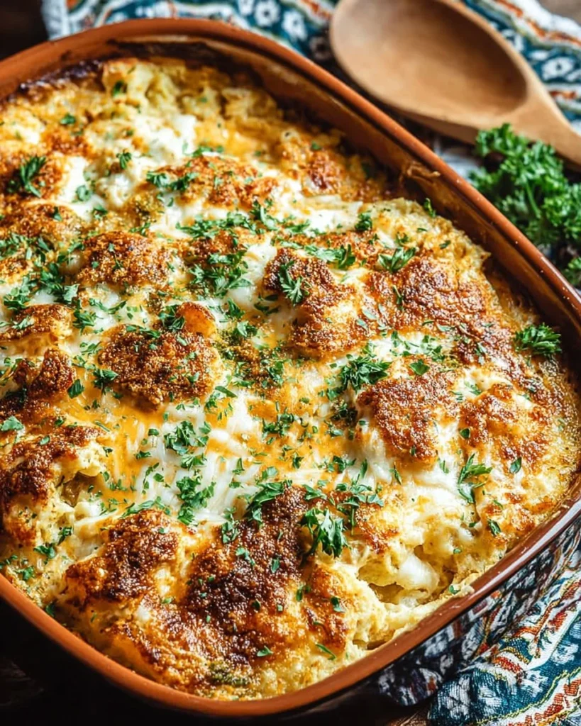 Cheesy Chicken and Rice Casserole served in a baking dish with cheese bubbling on top
