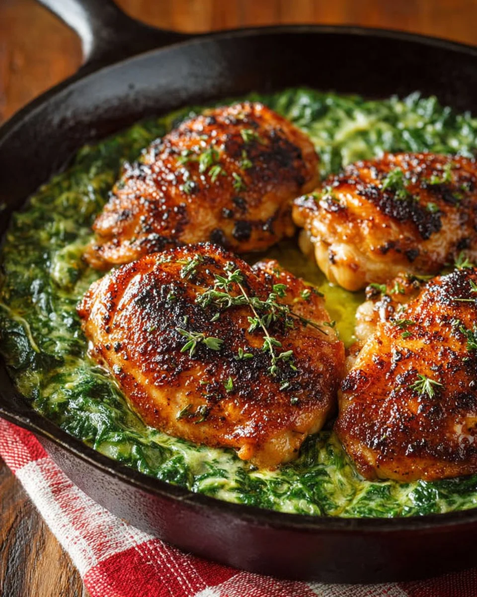 Cheesy spinach stuffed chicken dish on a plate garnished with herbs.