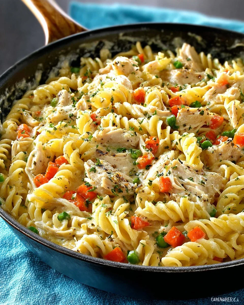 Chicken Noodle Skillet served in a cast iron pan with vegetables and herbs