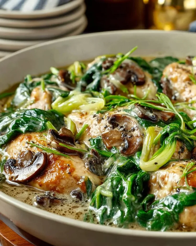 Delicious chicken with spinach and mushrooms served on a plate