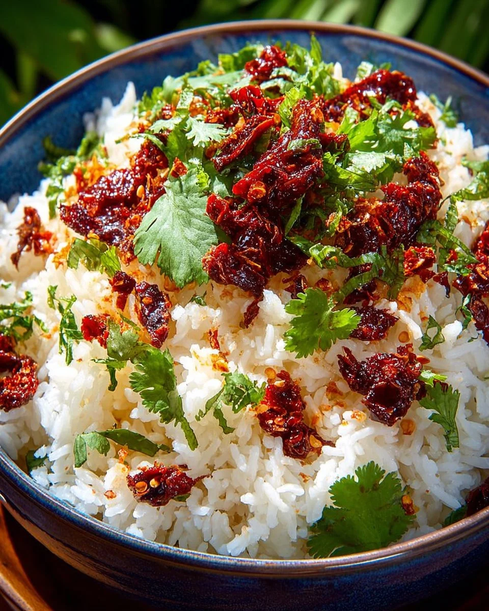Coconut Jasmine Rice served with spicy chili crisps in a bowl