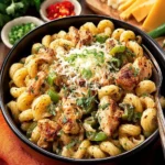 Creamy chicken fajita pasta topped with fresh vegetables and herbs
