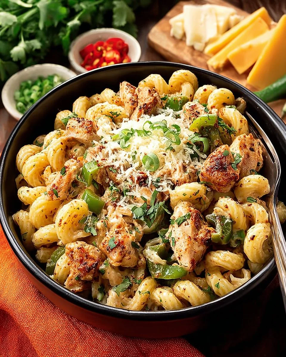 Creamy chicken fajita pasta topped with fresh vegetables and herbs
