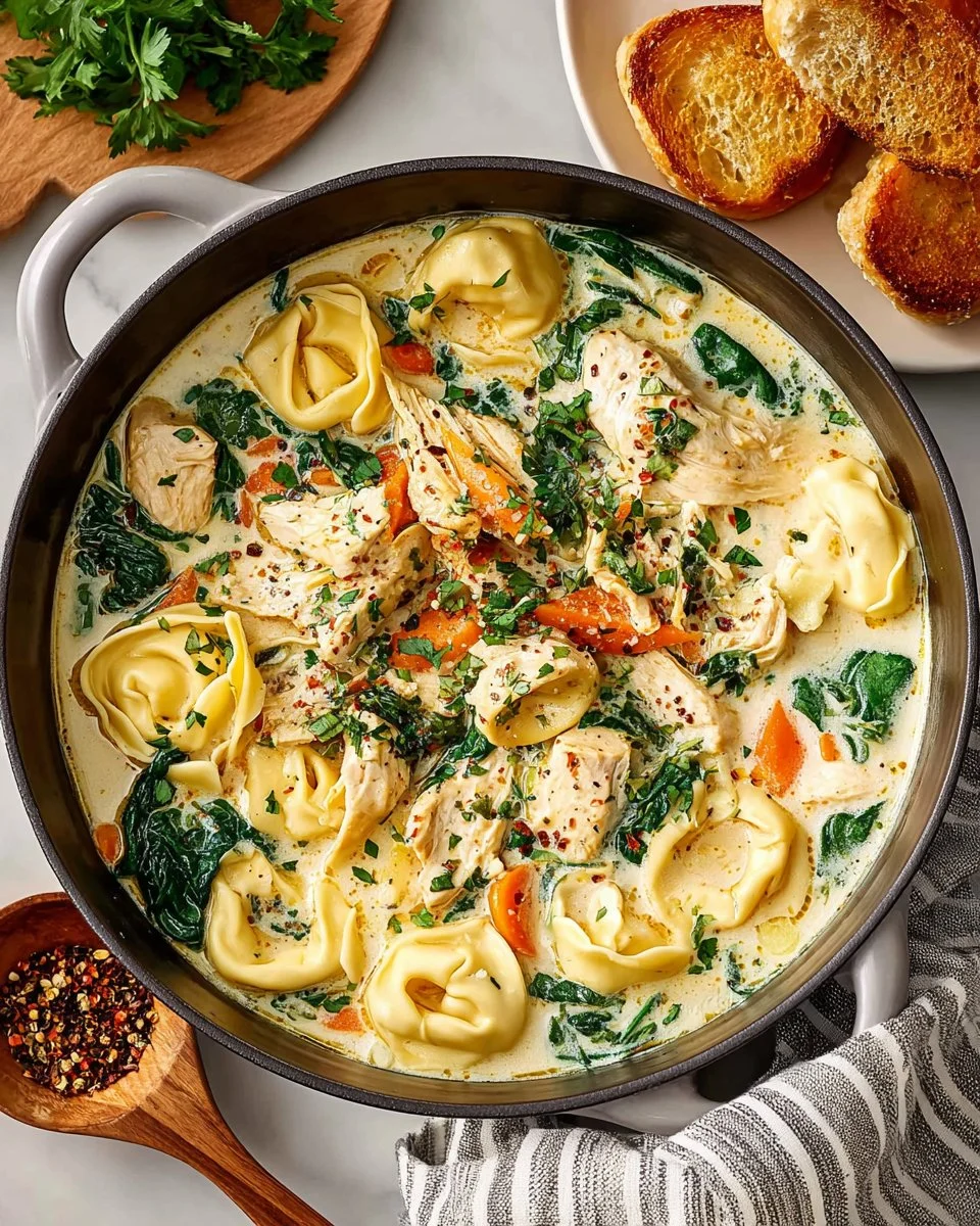 Bowl of creamy chicken tortellini soup with fresh herbs and a spoon
