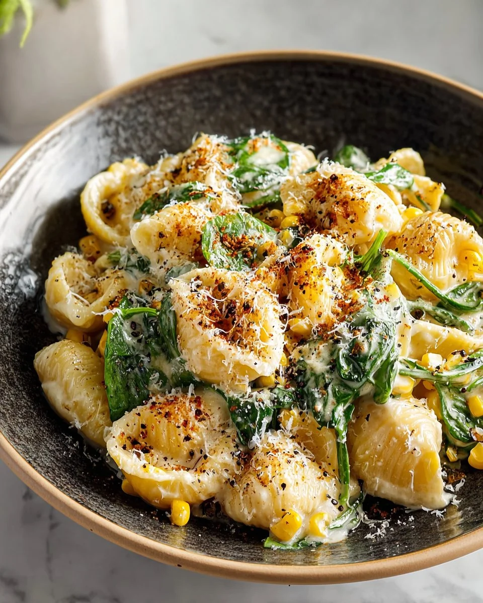 Delicious creamy corn pasta dish garnished with fresh herbs and cheese