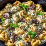 Creamy mushroom tortellini served in a bowl with fresh herbs