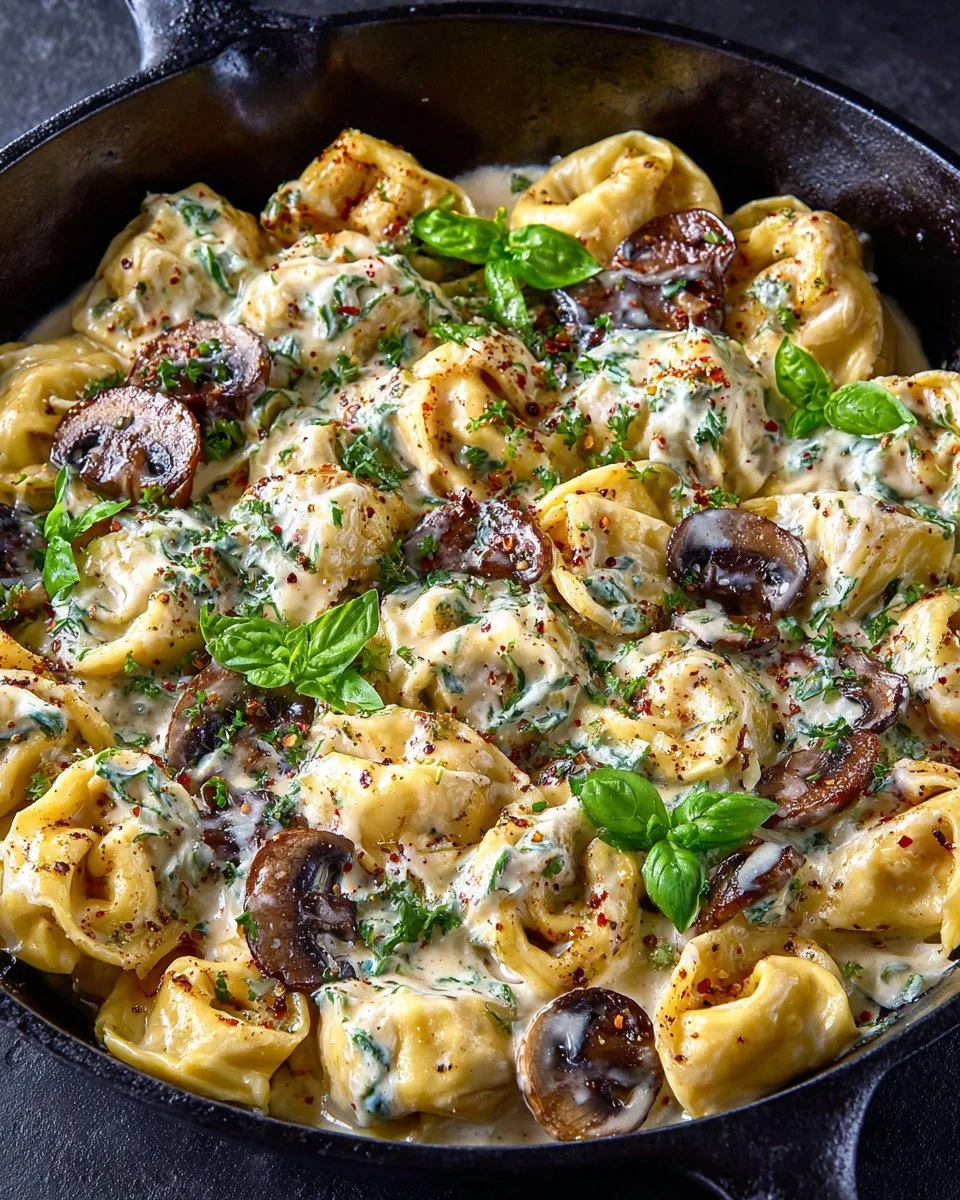 Creamy mushroom tortellini served in a bowl with fresh herbs