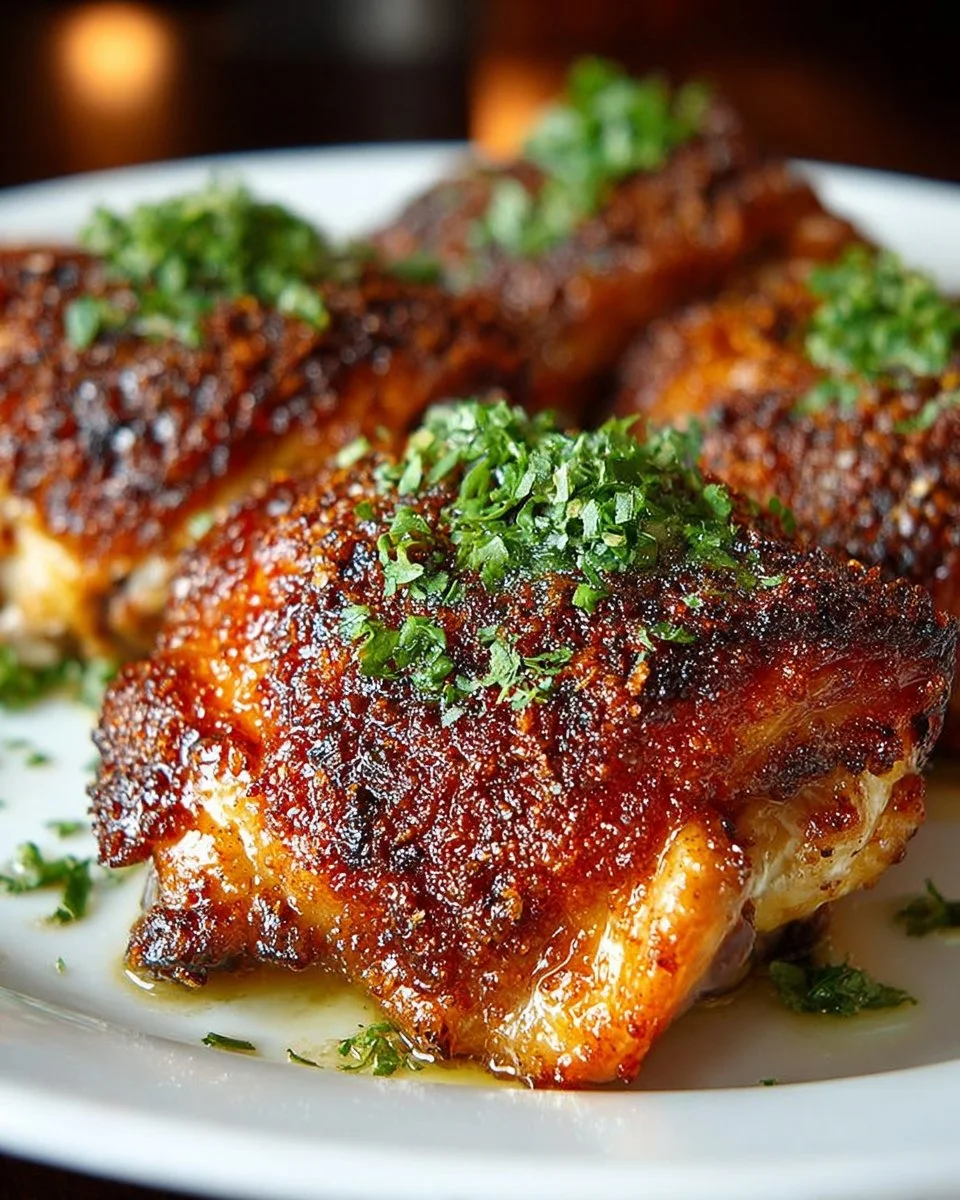 Crispy baked chicken thighs served with herbs and spices