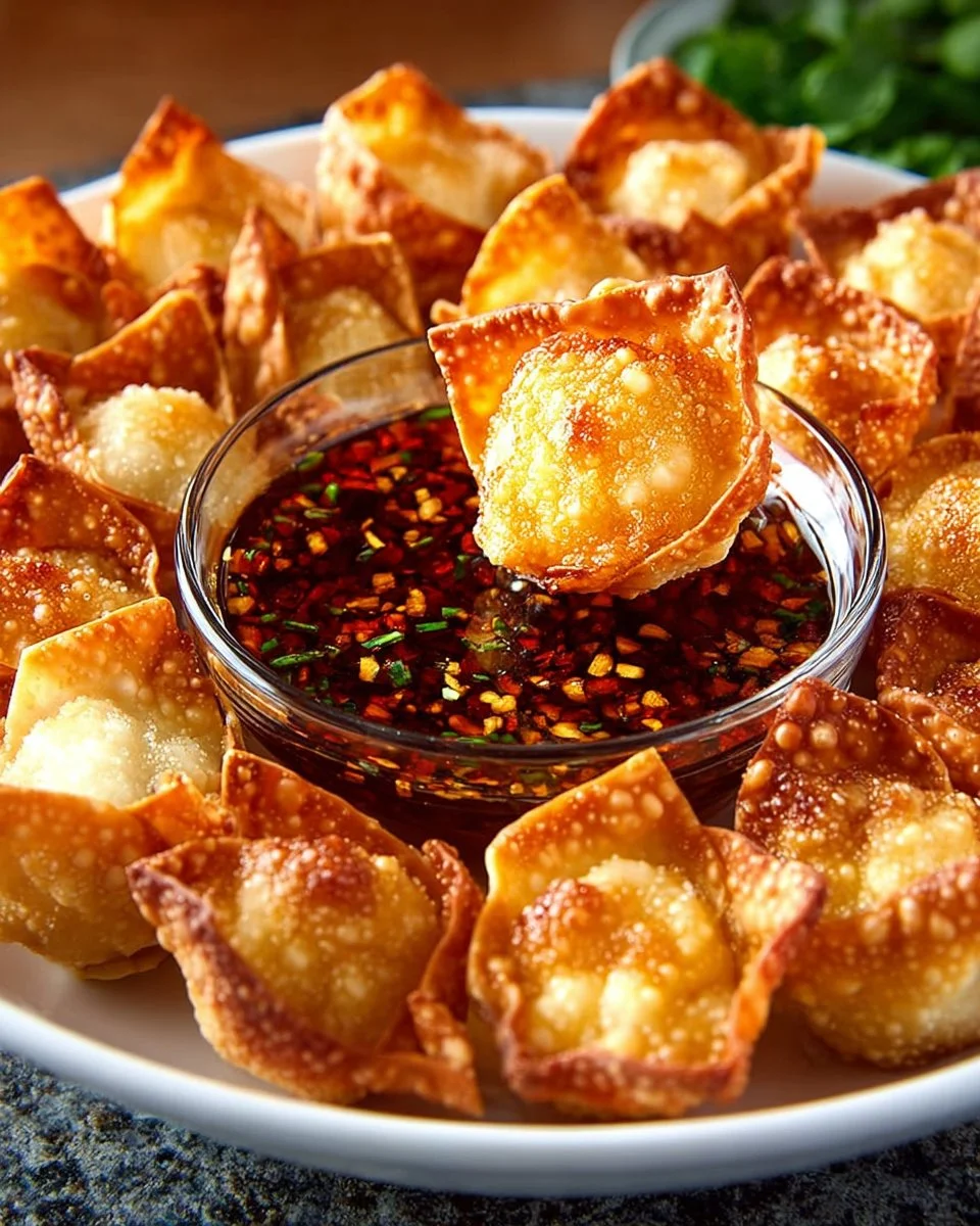 Delicious crispy crab rangoon served with dipping sauce