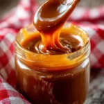 Bowl of homemade easy caramel sauce drizzled over dessert