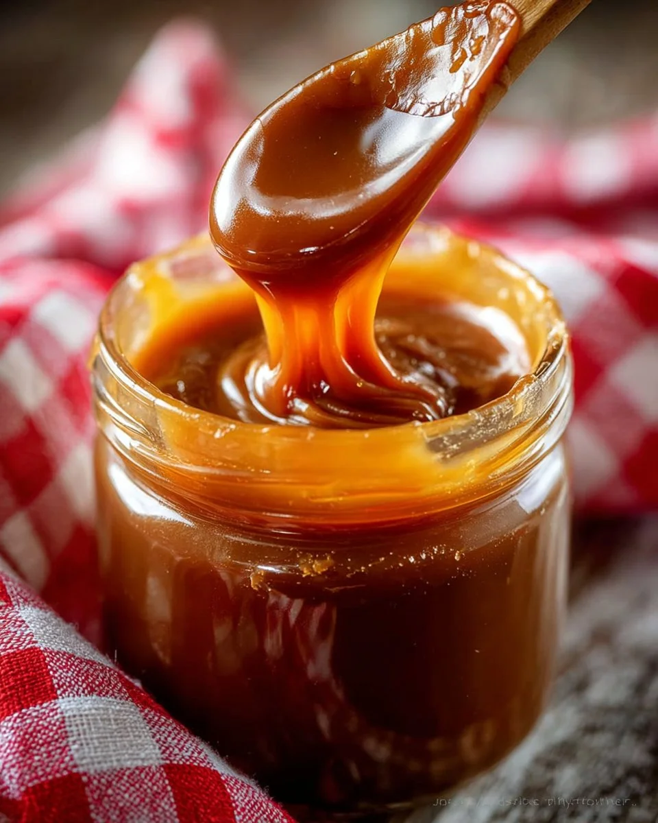 Bowl of homemade easy caramel sauce drizzled over dessert