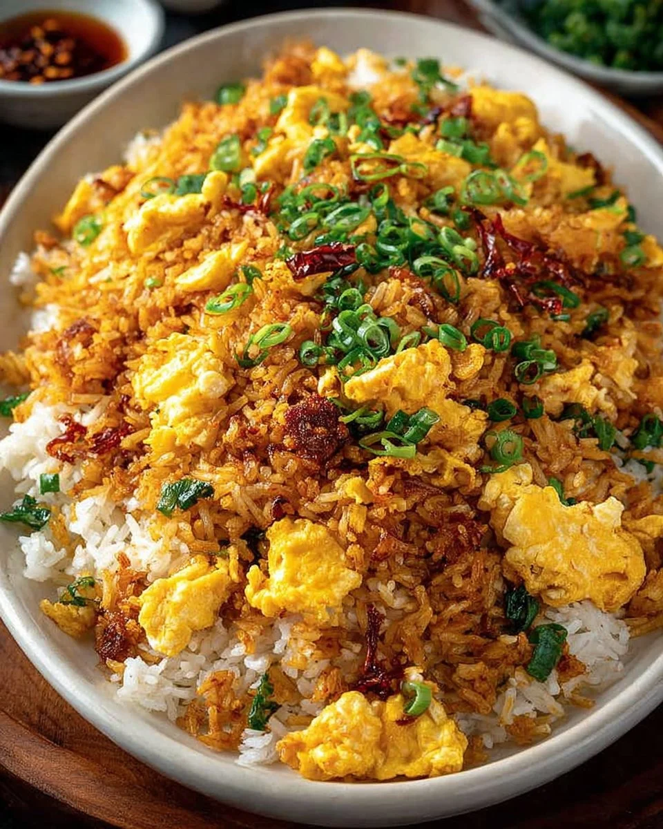 Plate of easy egg fried rice garnished with vegetables and soy sauce