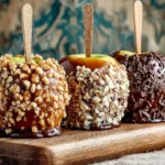 Homemade caramel apples drizzled with chocolate and sprinkled with nuts