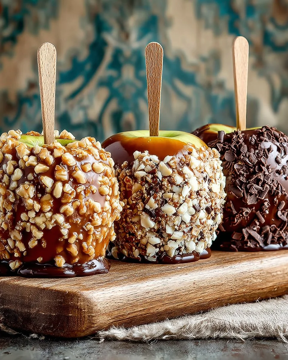 Homemade caramel apples drizzled with chocolate and sprinkled with nuts