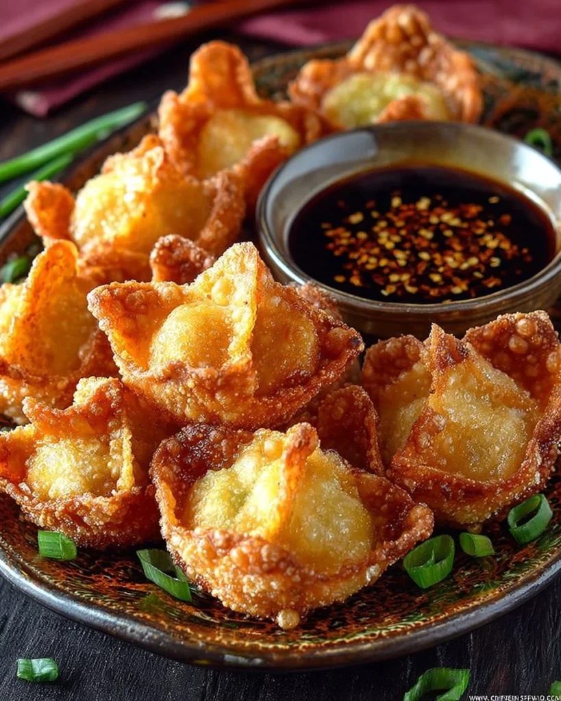 Delicious fried shrimp wontons with mushrooms served on a plate