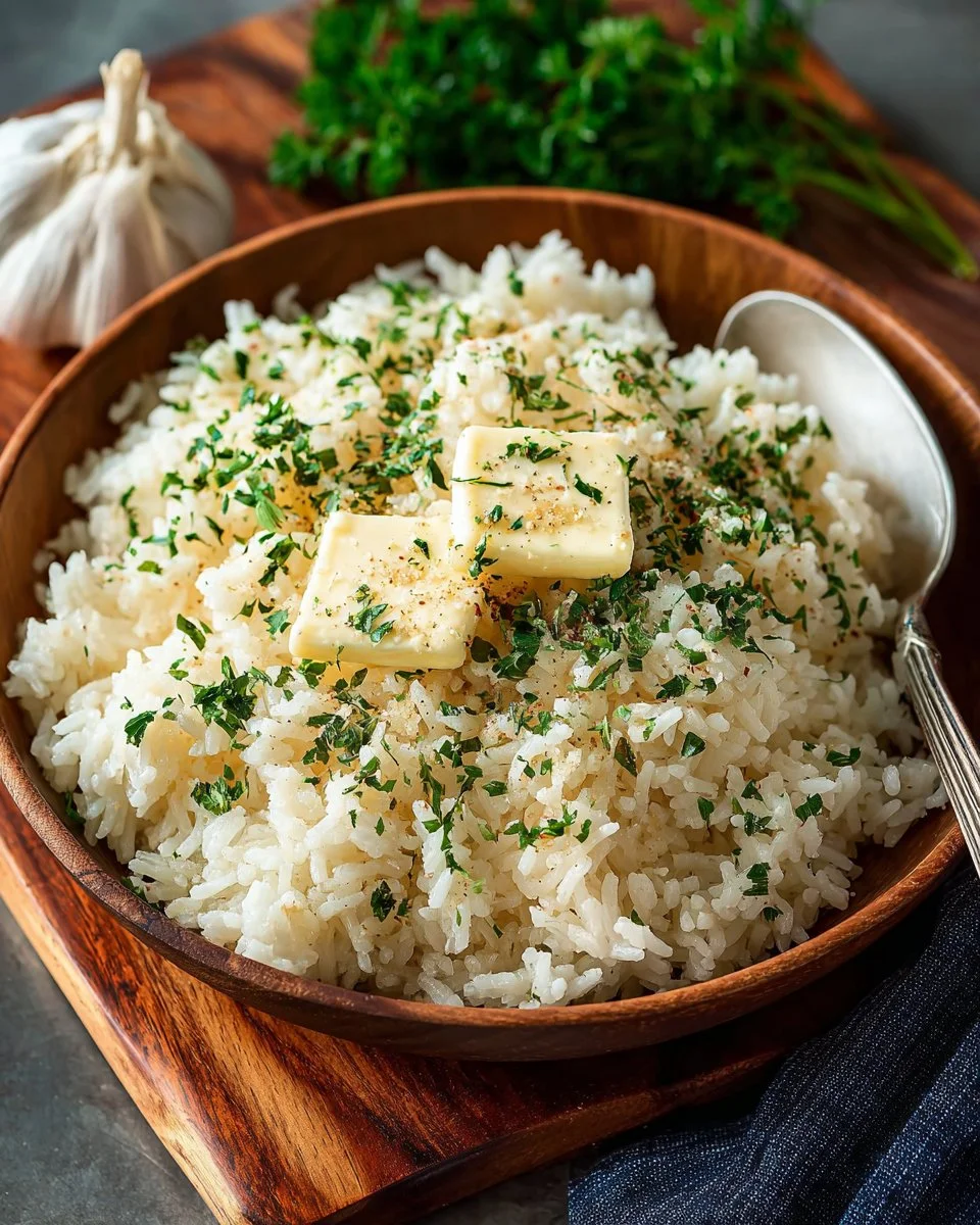 Delicious steaming Garlic Butter Rice served in a bowl with fresh herbs