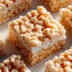 Gooey rice cereal treats stacked on a plate with a drizzle of chocolate