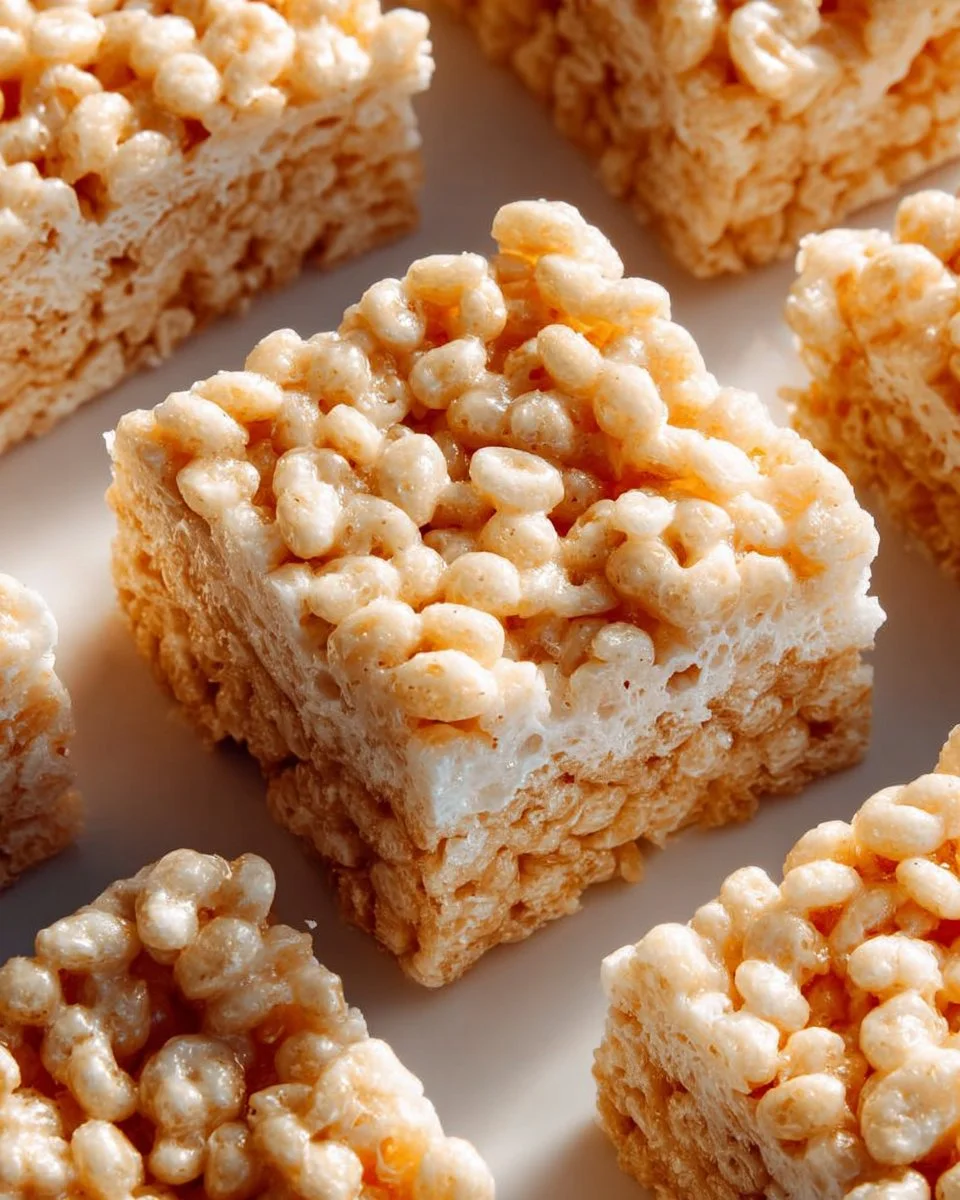 Gooey rice cereal treats stacked on a plate with a drizzle of chocolate