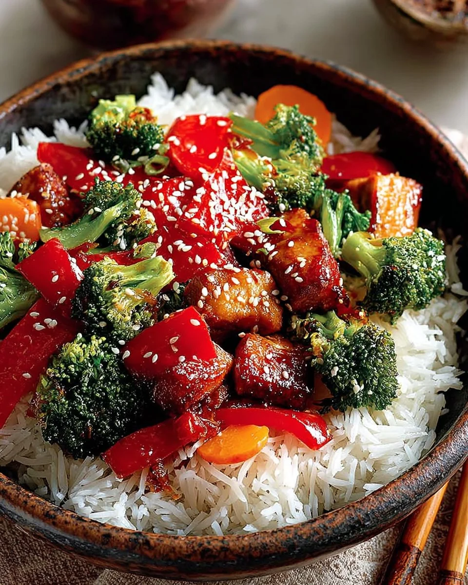 Honey Garlic Chicken Stir Fry with vegetables in a colorful presentation