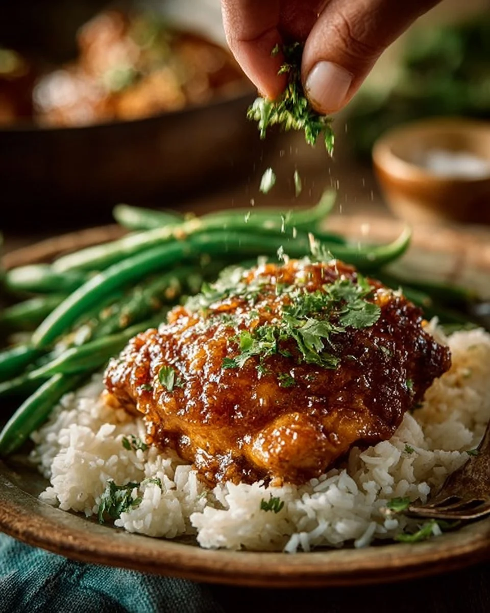 Delicious Honey-Garlic Chicken Thighs served with vegetables on a plate.