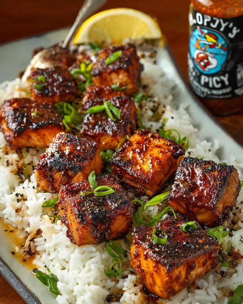 Delicious hot honey garlic salmon bites served on a plate
