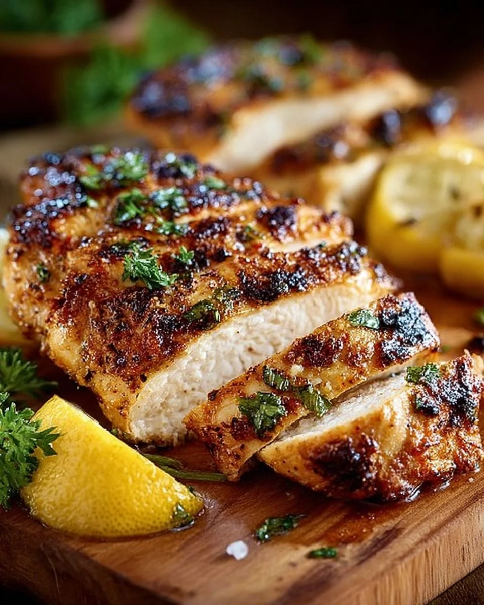 Delicious lemon herb chicken breasts garnished with herbs and lemon slices