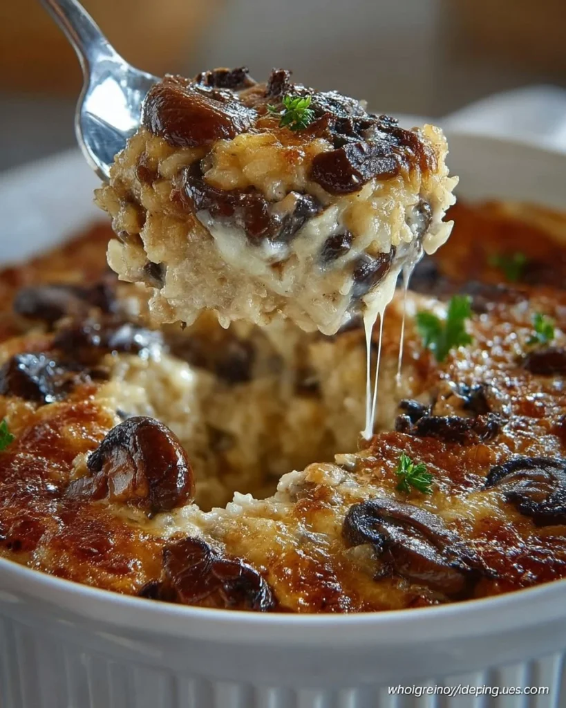 Delicious Mushroom Rice Casserole topped with herbs and cheese
