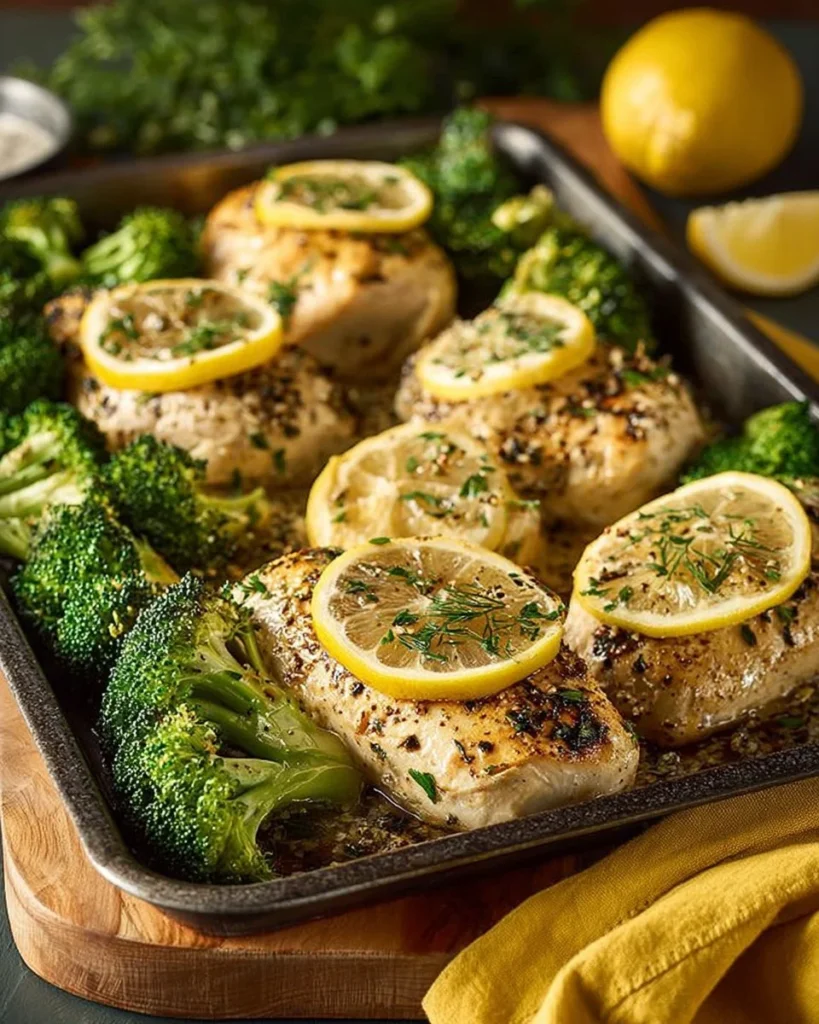 One-Pan Lemon Chicken with broccoli served on a plate