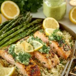 One Pan Salmon and Rice with Lemon and Herbs dish recipe