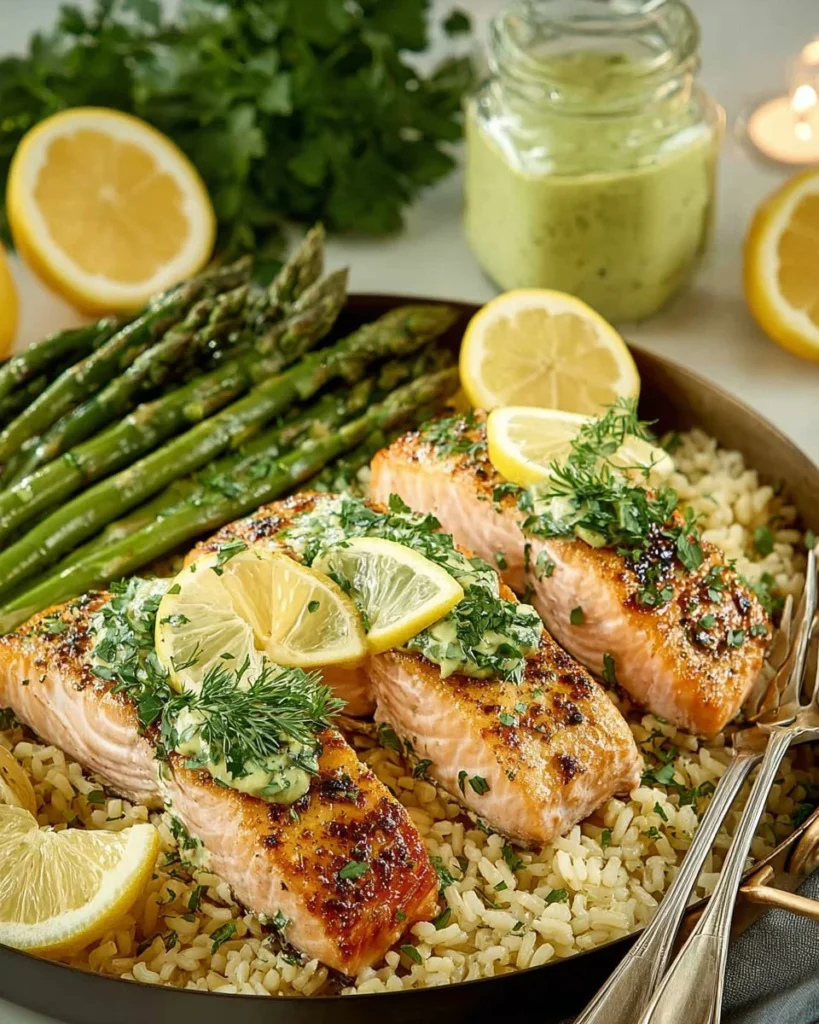One Pan Salmon and Rice with Lemon and Herbs dish recipe