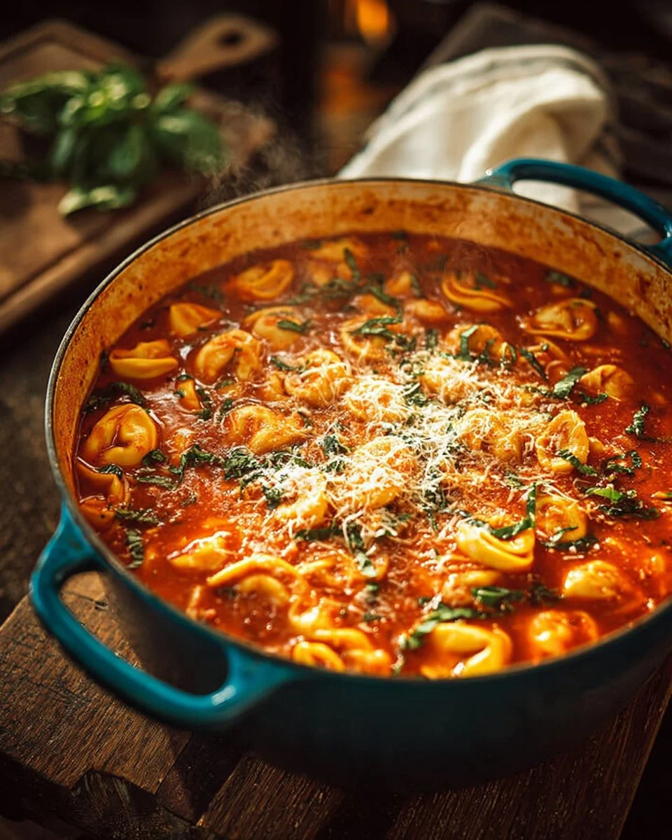 Bowl of one-pot tomato and basil tortellini soup with fresh ingredients