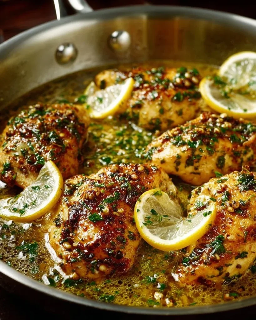 One skillet chicken with lemon garlic cream sauce served in a pan.