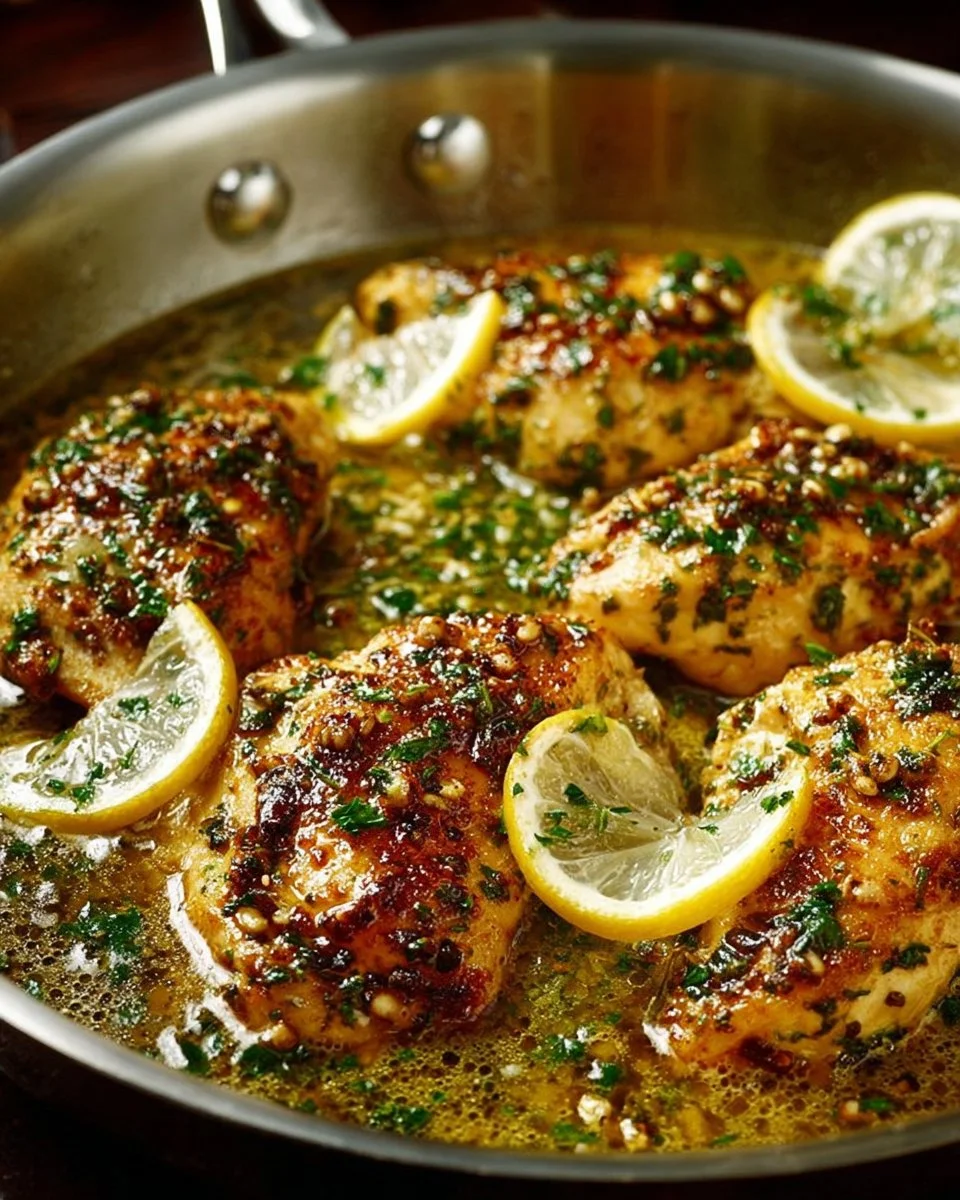 One skillet chicken with lemon garlic cream sauce served in a pan.