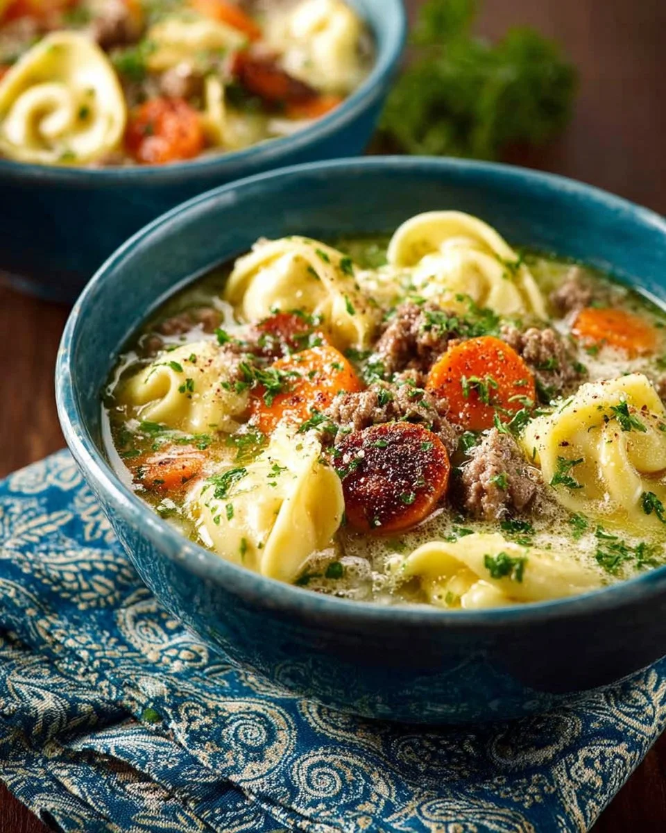 Bowl of Pesto Turkey Tortellini Soup garnished with fresh basil and parmesan.