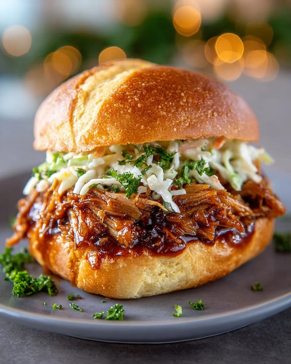 Delicious slow cooker BBQ pulled pork served in a sandwich