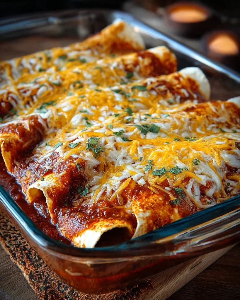 Delicious spicy chicken enchiladas garnished with salsa and cheese