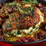 Stuffed sun-dried tomato chicken dish with herbs and spices.