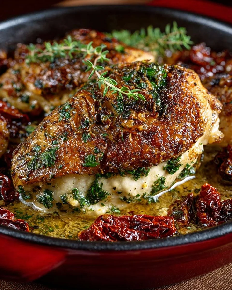 Stuffed sun-dried tomato chicken dish with herbs and spices.