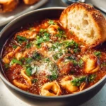 Delicious tortellini soup with Italian sausage and fresh spinach in a bowl