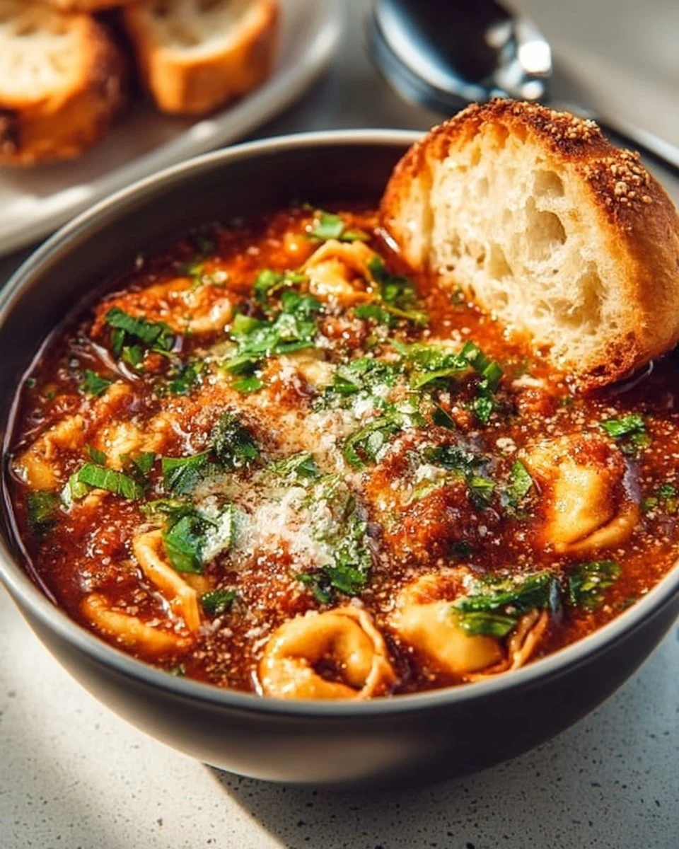 Delicious tortellini soup with Italian sausage and fresh spinach in a bowl