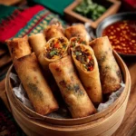 Crispy veggie spring rolls filled with fresh vegetables and served with dipping sauce.