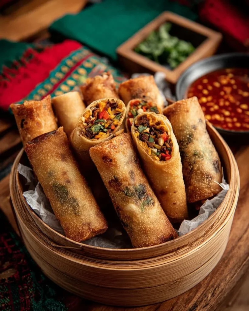 Crispy veggie spring rolls filled with fresh vegetables and served with dipping sauce.