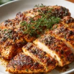 Juicy baked chicken breast garnished with herbs and spices
