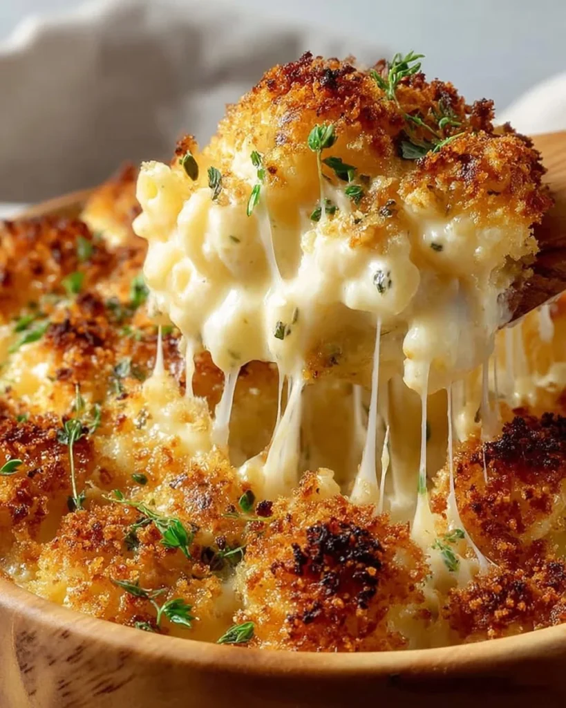 Baked mac and cheese topped with golden brown breadcrumbs and melted cheese