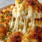 Delicious baked mac and cheese topped with golden breadcrumbs and gooey cheese
